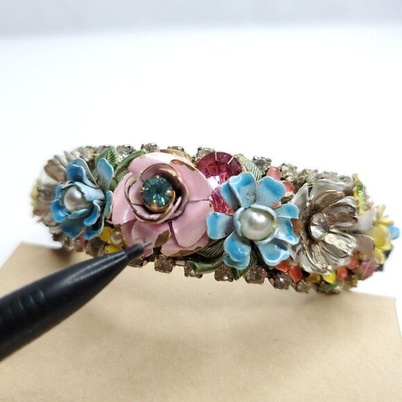 3D Floral Bangle Cuff Bracelet Rhinestones Cottagecore Flower Blue Pink Yellow - Picture 13 of 13